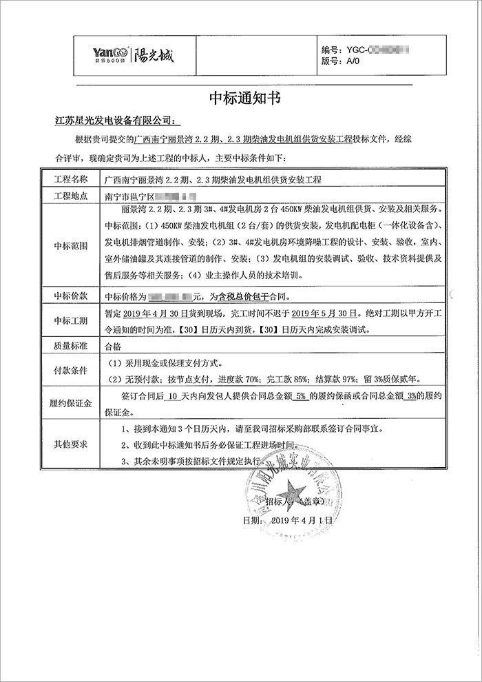 陽光城麗景灣450KW柴油發(fā)電機(jī)中標(biāo)